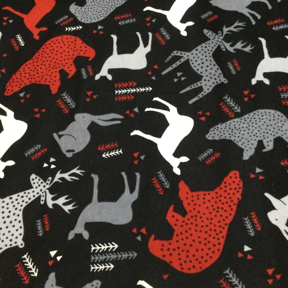 Forest Hunting Animal Print Cotton Flannel Fabric Black Red 1yd 30inch Bear Deer